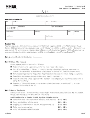 A-14 Hardship Distribution The Annuity Supplement (TAS) (Print on demand)