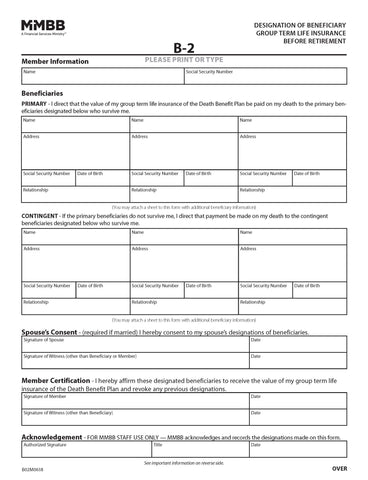 B-2 Designation of Beneficiary Group Term Life Insurance Before Retirement( Print on demand)