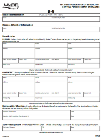 B-8 Recipient Designation of Beneficiary 120-Month Certain Gaurantee (Print on demand)