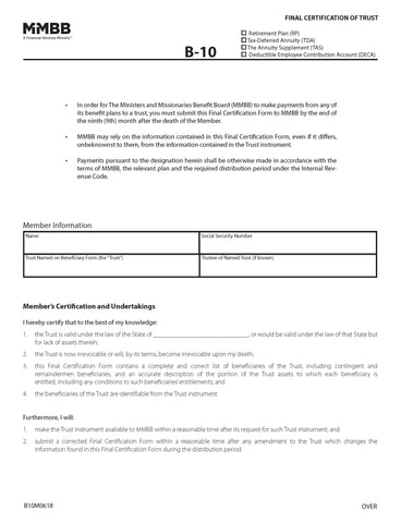 B-10 Final Certification Of Trust (Print on demand)