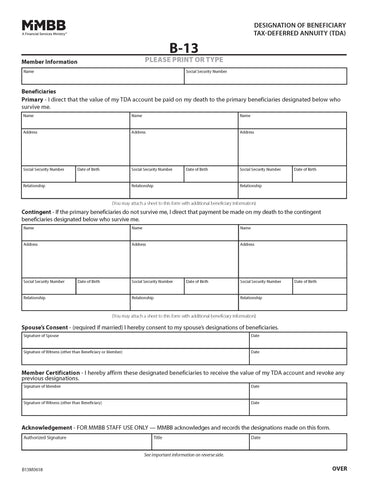 B-13 Designation Of Beneficiary Tax-Deferred Annuity (TDA) (Print on demand)